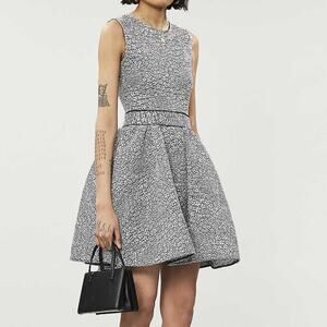 Maje Reinatta  Mini Dress Flared Jacquard Black White Sleeveless Sz M‎ / 38